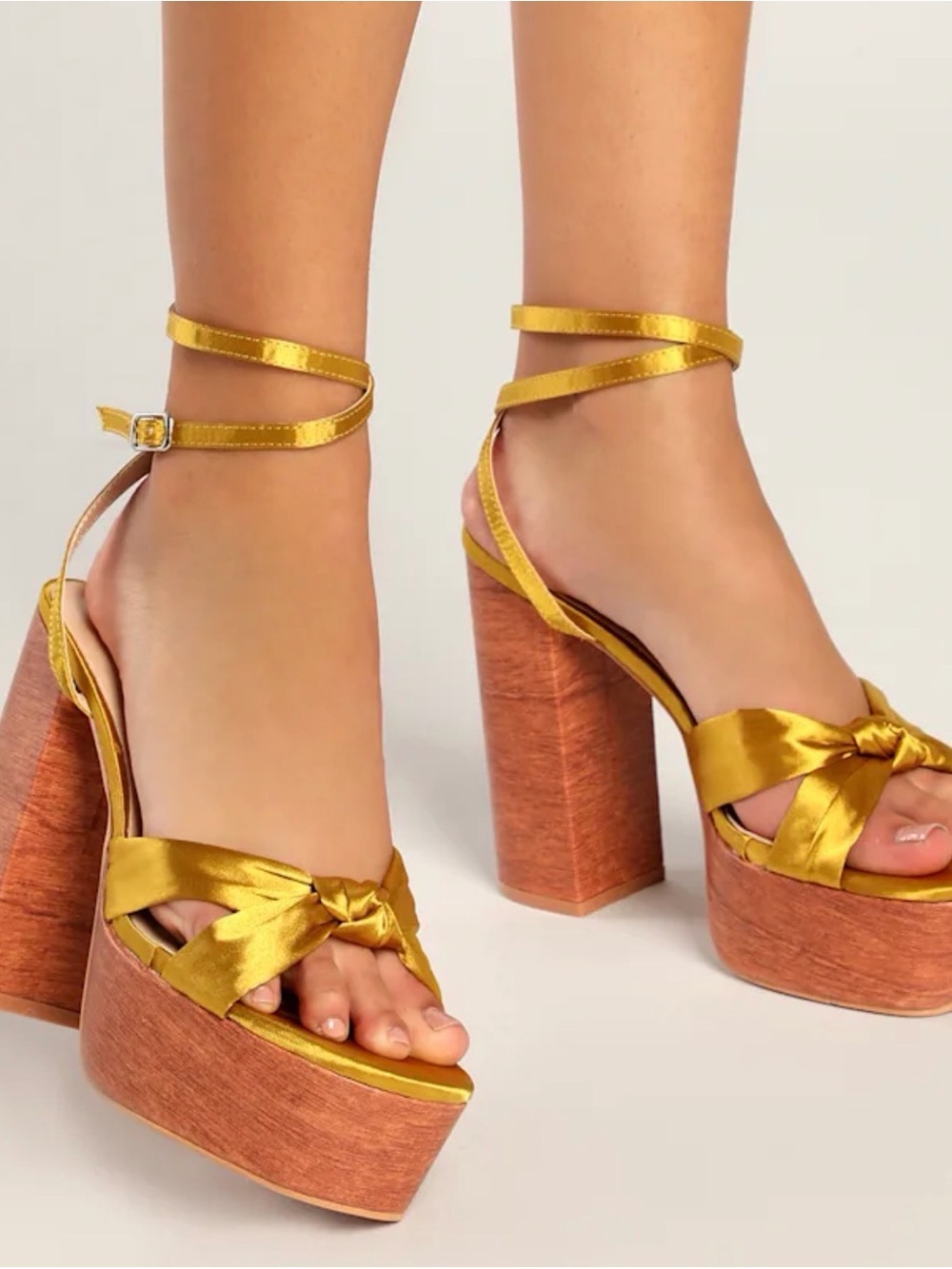 Metallic Gold Satin Platform Ankle-Tie Heels